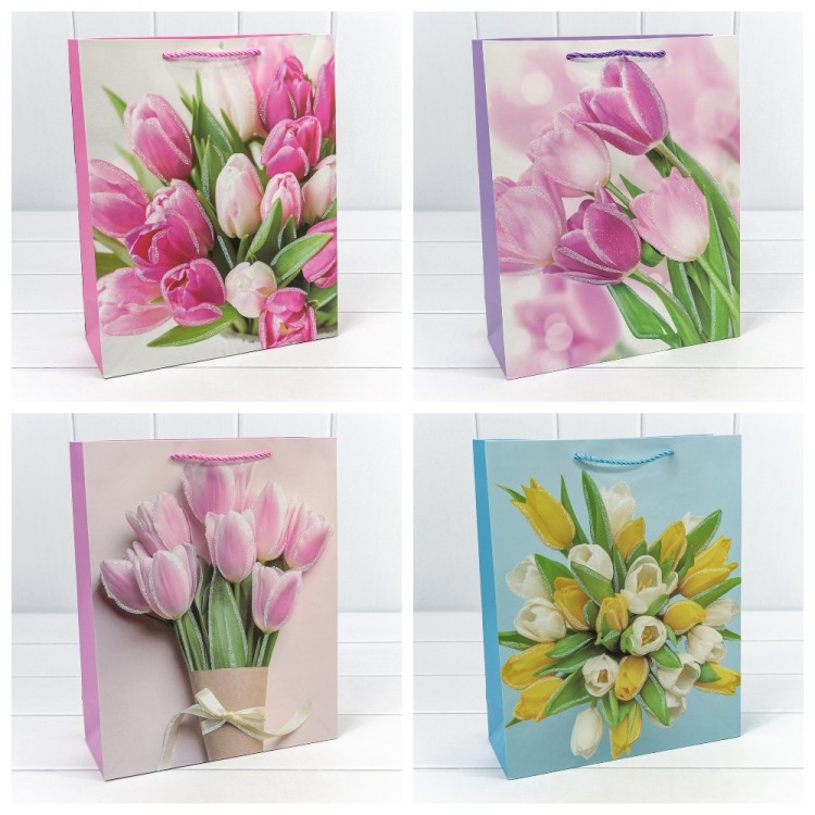 000311C Пакет подарочный с блёстками "Тюльпаны" (микс-311) 26*32*10 210г 1/20 1/240